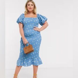 Never Fully Dressed Blue Floral Puff Sleeve Body Con Ruched Cotton Dress size 20